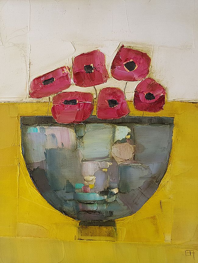 Eithne  Roberts - Purple on mustard with poppies